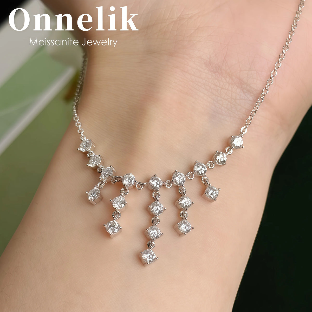 Onnelik Full D Moissanite Round Tassel Pendant Necklace S925 Sterling Silver Sparkling Wedding Party Fine Jewelry Gift for Women