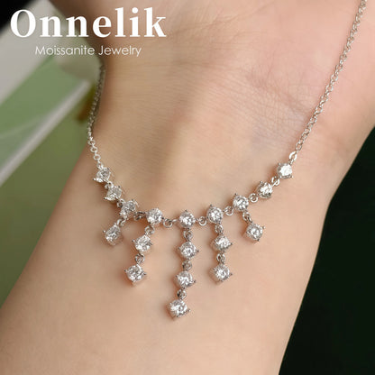 Onnelik Full D Moissanite Round Tassel Pendant Necklace S925 Sterling Silver Sparkling Wedding Party Fine Jewelry Gift for Women