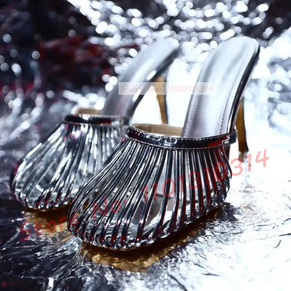 Cage Round Toe Metallic Mules Women New In Sexy Luxury High Heel Shoes Female Thin Strap 2023 Summer Elegant Chic Solid Slippers