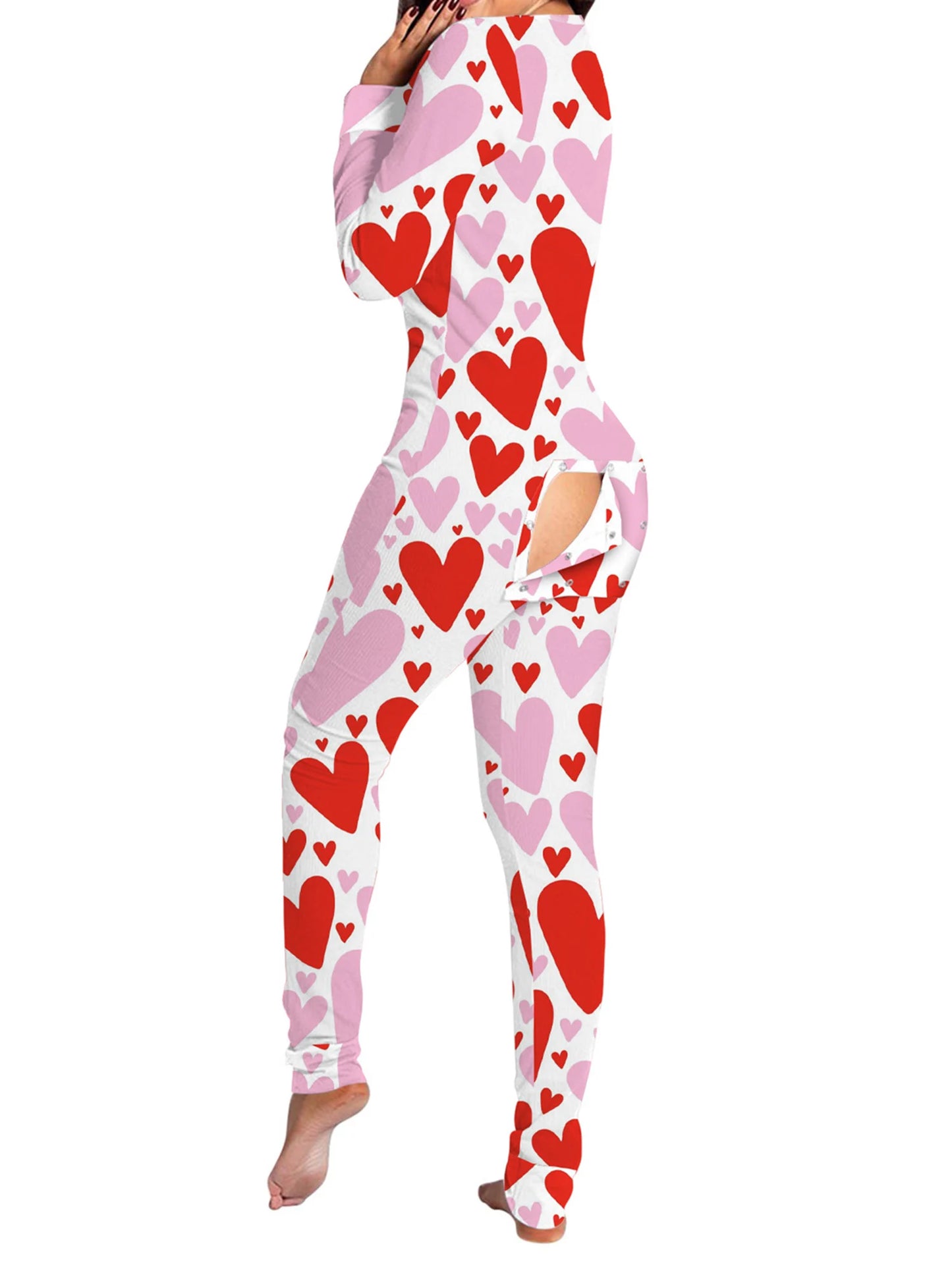 Christmas Women's Jumpsuit Pajamas Long Sleeve V Neck Themed Print Bodysuit Sleepwear with Drop Seat Butt Flap