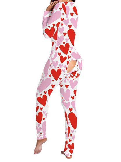 Christmas Women's Jumpsuit Pajamas Long Sleeve V Neck Themed Print Bodysuit Sleepwear with Drop Seat Butt Flap