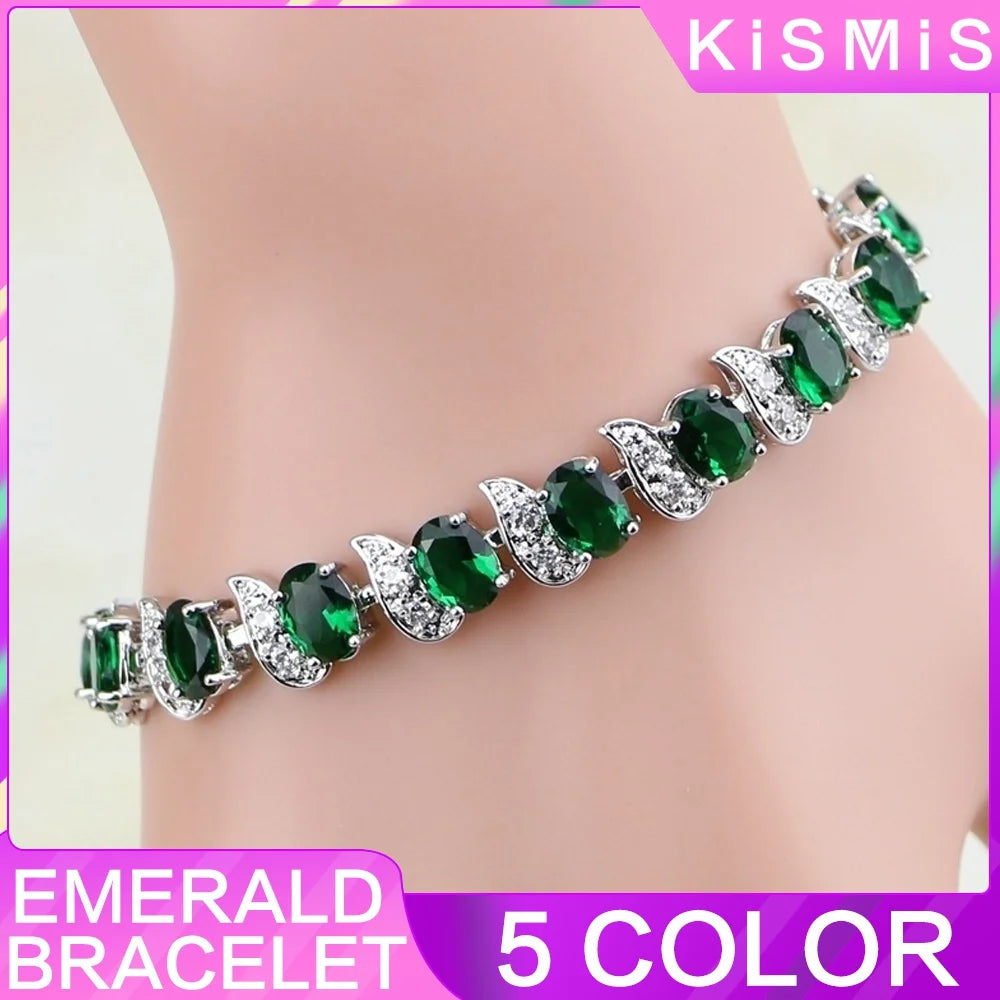 Natural Green Emerald White Topaz Silver Charm Bracelet Women Jewelry Fashion Accessories Gift For Her