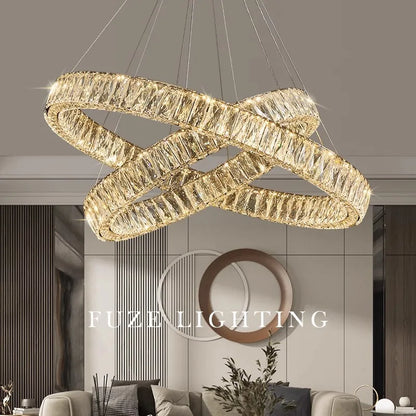 Modern LED Luxury Crystal Chandelier Villa Staircase Living Room Dimming Circular Gold Chandelier Home Lighting Indoor Light