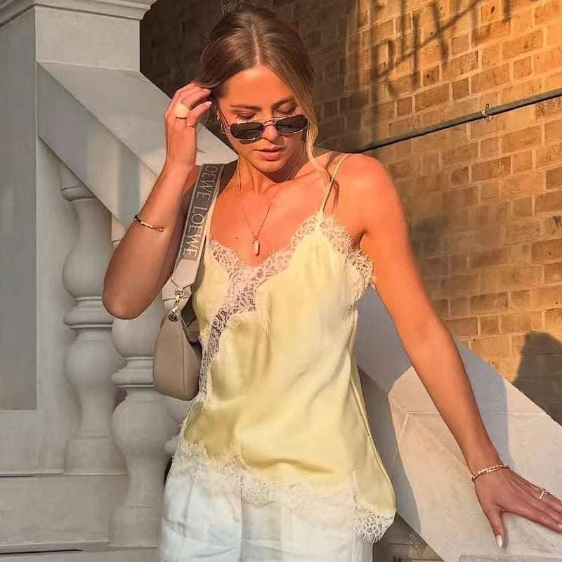 HXAO 2025 Woman Asymmetrical Slip Top Women Sexy Black Yellow Blue Top Lace Tanks & Camis Chic Y2K Sleeveless Backless Camisole