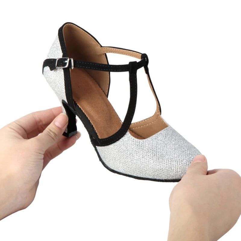 New Latin Dance Shoes Ladies Salsa Tango Ballroom Party High Heels Black Silver Summer Closed Toe Women's Shoes Dancing Shoes