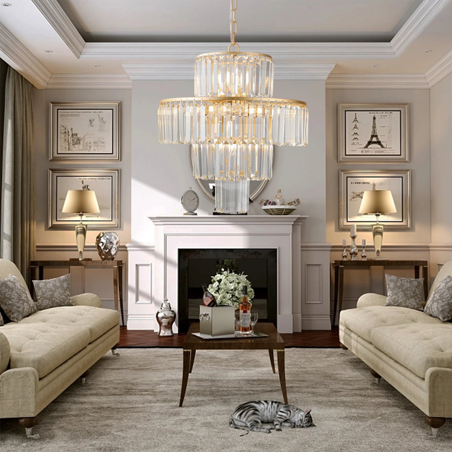 20" Luxury 4-Tier Crystal Chandelier, 12-Light Gold Frame Pendant Light, Elegant Ceiling Lighting for Living Room, Dining Room
