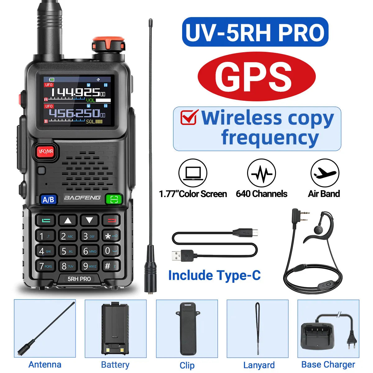 Baofeng UV-5RH PRO GPS Walkie Talkie Multi Band Wirless Copy Frequency NOAA Type-c Long Range UV-5R Tow Way Ham Radio