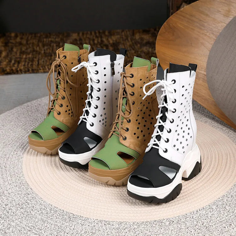 Women's Peep Toe Wedge Boots Summer Hollow Out Lace Up Side Zipper Platform Wedge Heel Breathable Fashion Retro Casual Shoes