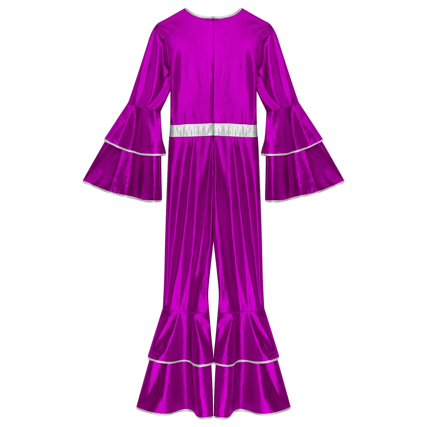 Womens 70S Disco Vintage Jumpsuit Metallic Shiny Flare Sleeve Bodysuit Hippie Bell Bottom Jazz Dance Carnival Rave Party Costume