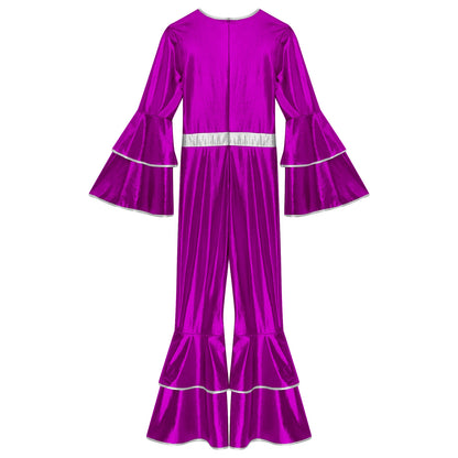 Womens 70S Disco Vintage Jumpsuit Metallic Shiny Flare Sleeve Bodysuit Hippie Bell Bottom Jazz Dance Carnival Rave Party Costume
