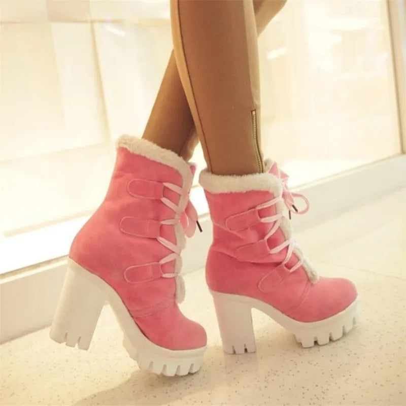 Winter Warm Girls Boots Fashion Lace Up Platform High Heels Women Ankle Boots Cosplay Casaul Party Fur Warm Women Boots Shoes 43