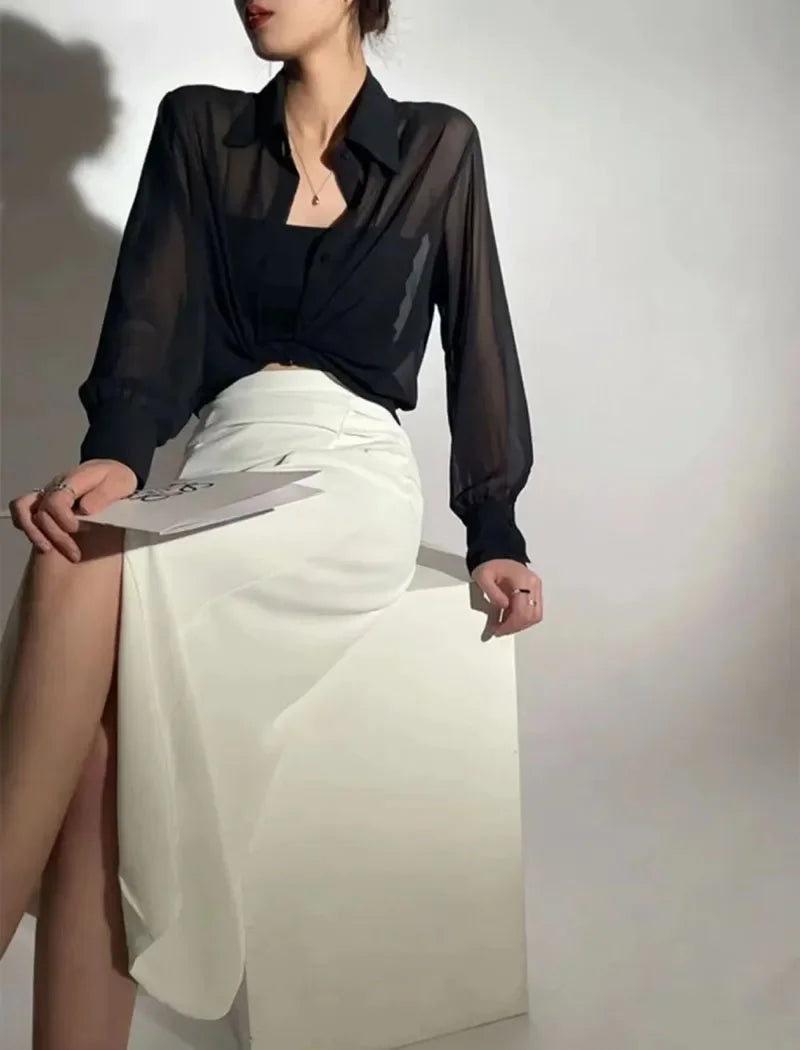 SMVP Chiffon Blouse for Women 2025 New Summer Sheer Mesh Long Sleeve Sun Protection Shirts Korean Fashion Office Lady Shirt Tops