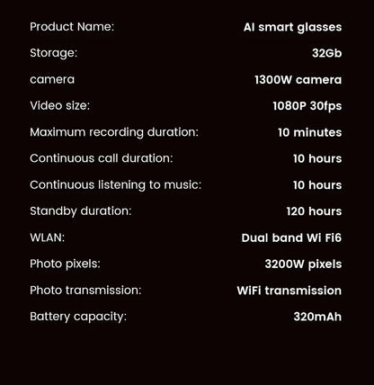 AI Smart Glasses 13MP 5K Camera 32GB ROM HD Photo Identify Objects ChatGPT Video Call Translation Music WiFi Bluetooth Eyewear