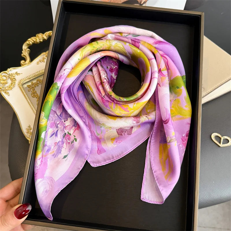 70cm Silk Square Scarf for Women Elegant Printed Neckerchief Sunscreen Shawl Headscarf for Office Commute Bandana and Bag Ribbon