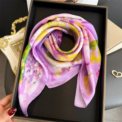 70cm Silk Square Scarf for Women Elegant Printed Neckerchief Sunscreen Shawl Headscarf for Office Commute Bandana and Bag Ribbon