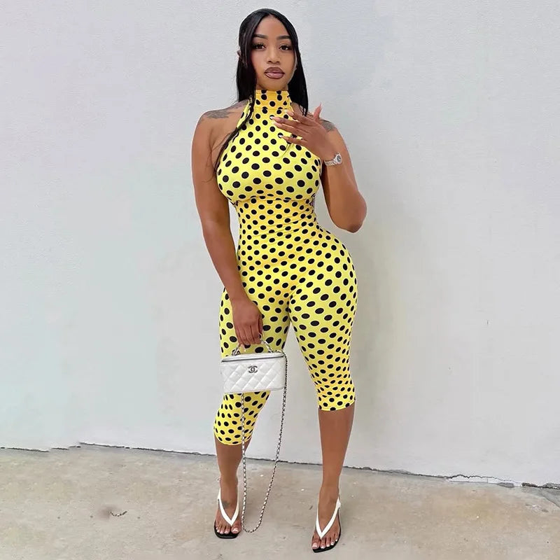 FAGADOER Fashion Color Dot Printing Bodycon Jumpsuits Woman Halter Sleeveless Backless Rompers Female Streetwear Overalls 2026