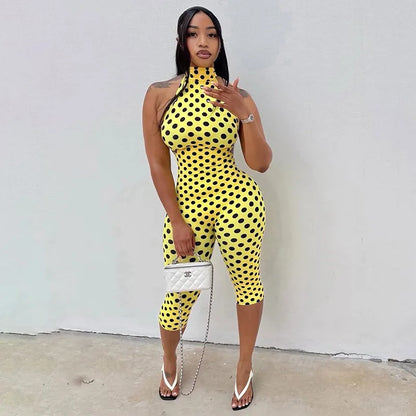 FAGADOER Fashion Color Dot Printing Bodycon Jumpsuits Woman Halter Sleeveless Backless Rompers Female Streetwear Overalls 2026