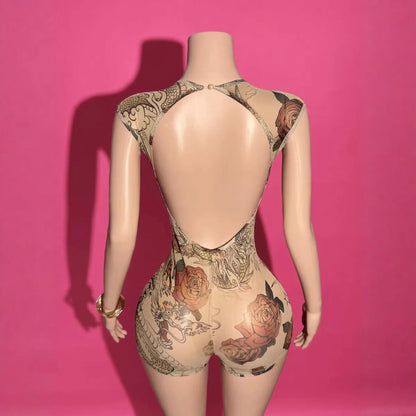 STYLISH LADY Sexy Dragon Rose Tattoo Print Mesh Romper 2026 Summer Women Backless Slim Fit Clubwear One Piece Shorts Jumpsuits