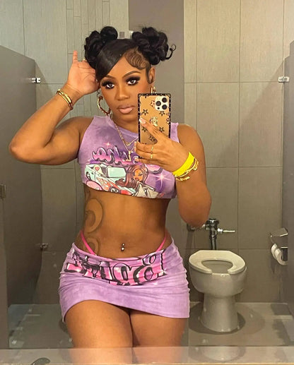 Sexy Y2K 2 Piece Skirt Sets Clothes Outfit 2023 Streetwear Fashion Dress Summer Crop Graphic T Shirts Top Women Two Piece Set