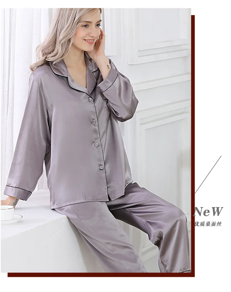 100% Mulberry Silk Pajamas Set for Women Long Sleeve Sleepwear Spring Summer Breathable Lounge Robe Comfortable Cool Silk