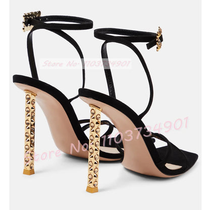 Metal Heels With Rivets Sandals Women Belt Buckle Square Toe Ankle Strap Stiletto Shoes Lady Sexy Luxury Party Elegant Sandals