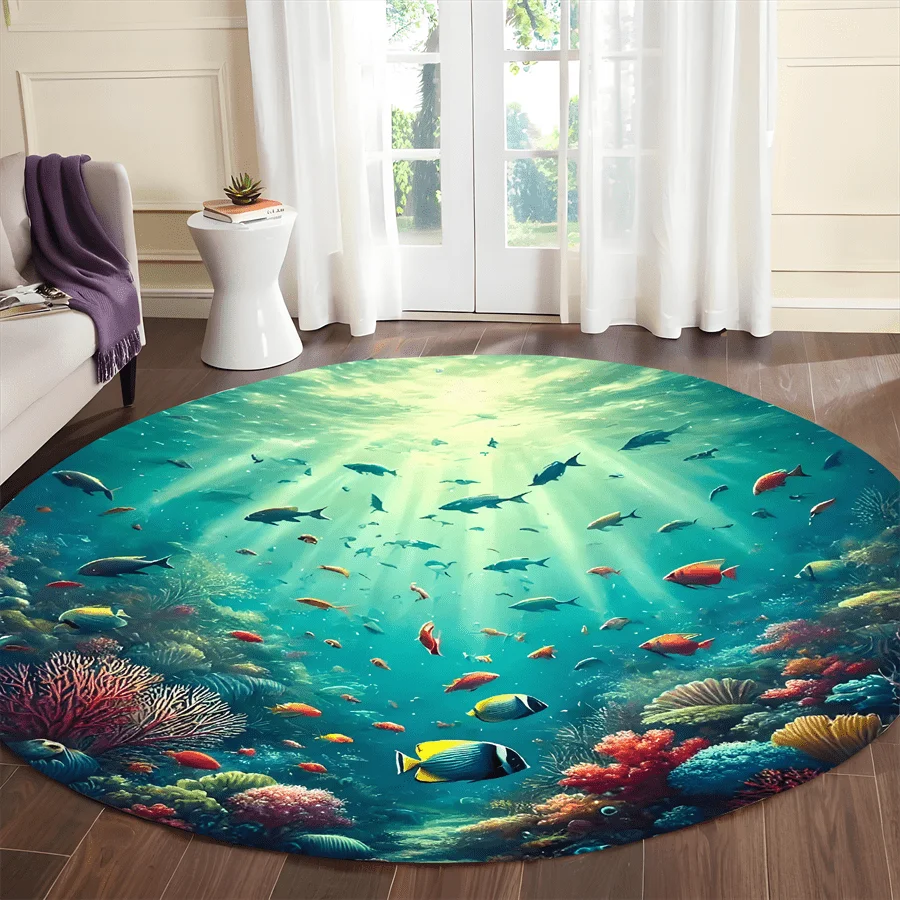 Underwater Coral Reef Fish Round Rug Ocean Marine Life Decor Soft Flannel Living Room Bedroom Bathroom Floor Mat Carpet