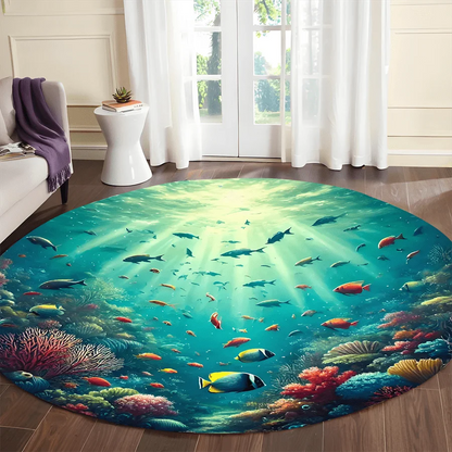 Underwater Coral Reef Fish Round Rug Ocean Marine Life Decor Soft Flannel Living Room Bedroom Bathroom Floor Mat Carpet
