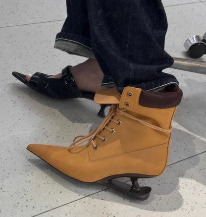 Brown Suede Pointed-Toe Ankle Boots Unique Heel Lace-Up Front Contrast Leather Collar Retro Western Style Lady Pointed-Toe Boots