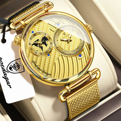 POEDAGAR Original Fashion Man Wristwatch Multiple Time Zone Display Waterproof Calendar Men Watch Mesh Stainless Steel Quartz Business Men's Watches Reloj