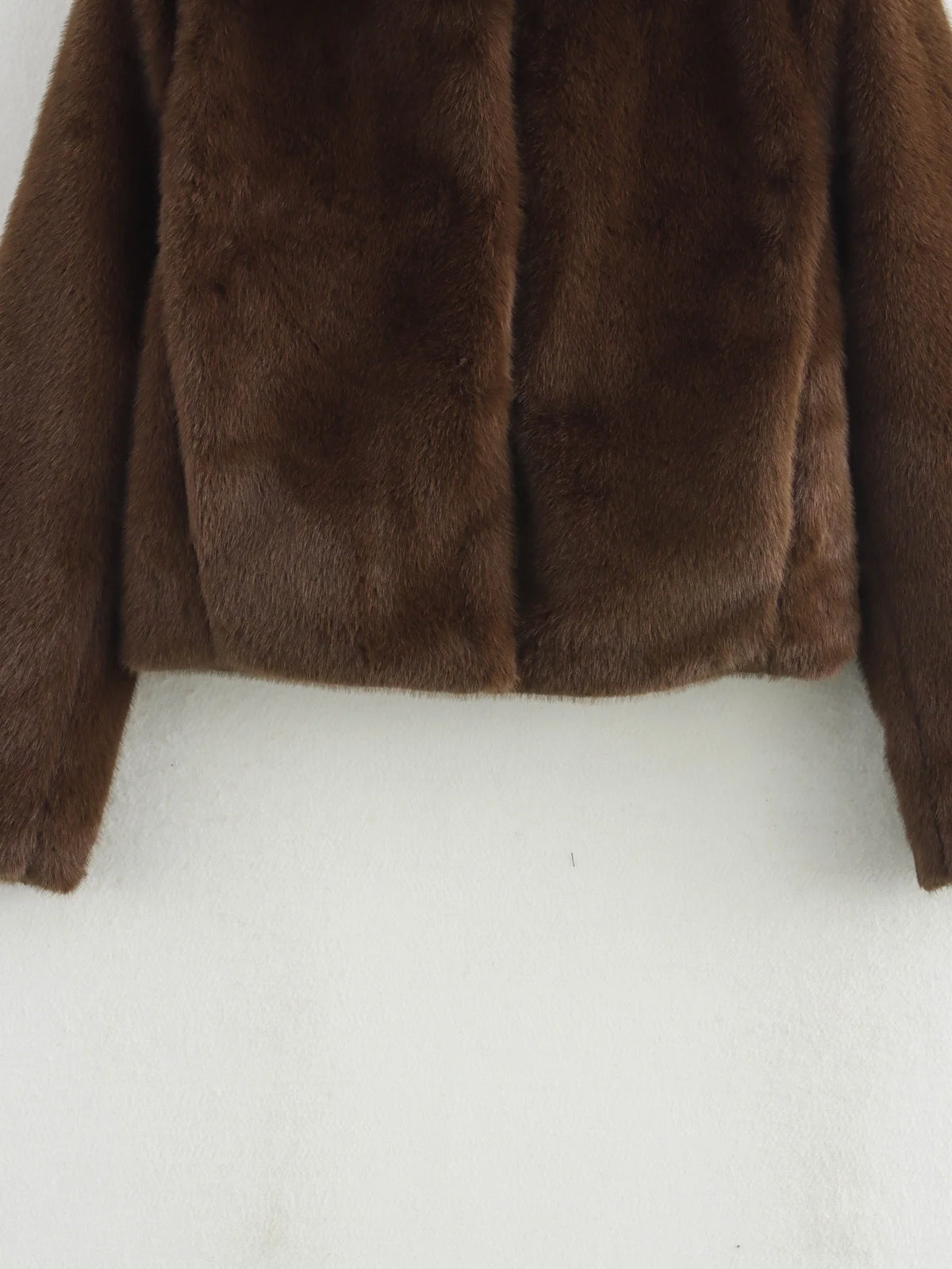 HH Women Casual Brown Short Faux Fur Coat Turn-Down Collar Long Sleeve Jacket 2025 Autumn Winter Loose High Street Outwear