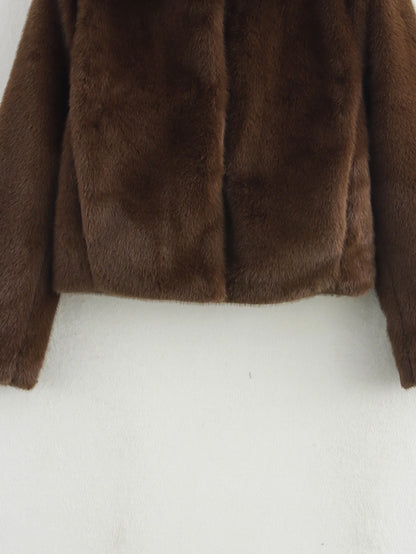 HH Women Casual Brown Short Faux Fur Coat Turn-Down Collar Long Sleeve Jacket 2025 Autumn Winter Loose High Street Outwear