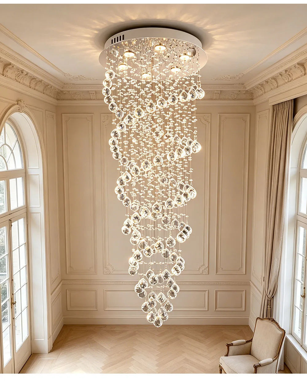 Modern Luxury Spiral Crystal Ceiling Fixture Long Cascading Crystal Design for Duplex Stairwell High Ceiling Home Lighting