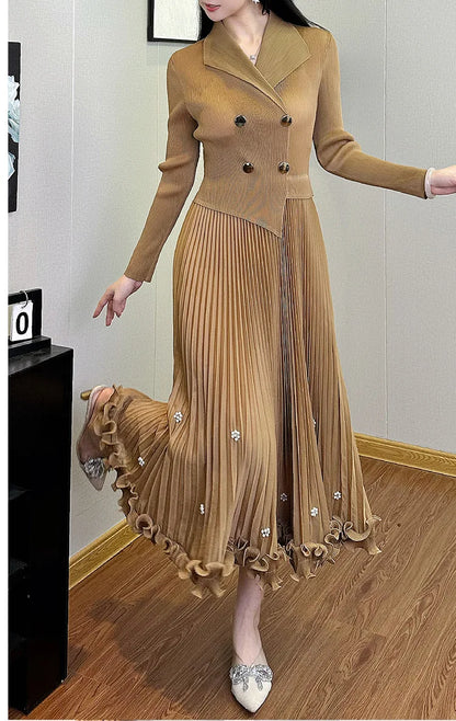 EGRM Miyake Pleated Long Dress Autumn Hot Sale Women's Double Breasted Waist Cinching Slimming High-end Stylish Versatile Skirt