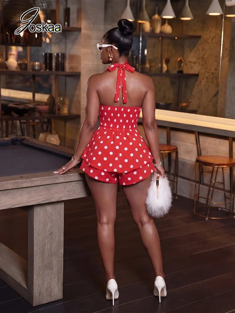 Joskaa Polka Dot Halter Bandage Rompers Women Sexy Low-cut Sleeveless Backless Bodycon Playsuits Y2k Streetwear Holiday Clubwear