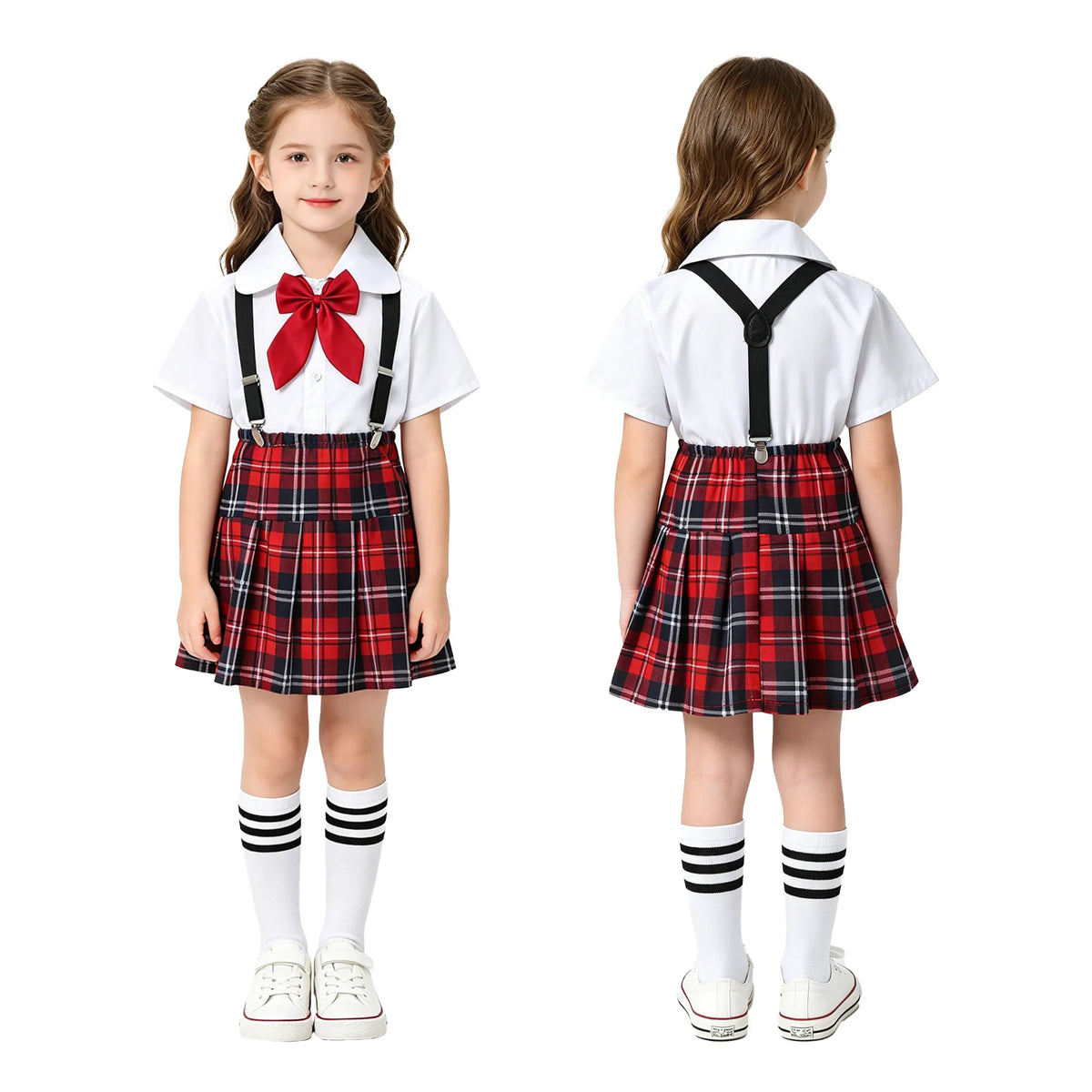 Children Girls Choir Outfits School Uniform Bow Tie Shirt with Suspender Skirt and Socks Schoolgirls Stage Performance Costume