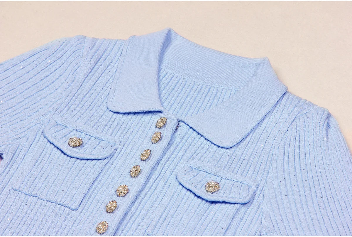 ZJYT Runway 2025 Women's Fashion Summer Knitted Sweater Dress Designer Turn-Down Collar Mini Party Dress Blue White Vestidos