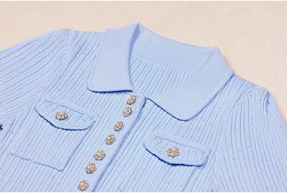 ZJYT Runway 2025 Women's Fashion Summer Knitted Sweater Dress Designer Turn-Down Collar Mini Party Dress Blue White Vestidos