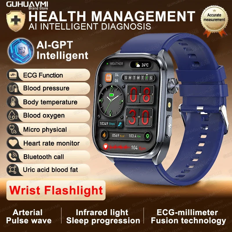 2026New ECG+PPG Clock Health Trackr 2.0 inch Uric Acid Blood lipids Pressure Smart Watch Body Analysis Voice call Smartwatch Men
