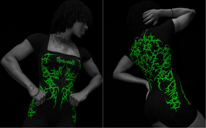 Gothic Square Neck Fitness Women's Quick-Drying Bodysuit with Elastic Short Sleeve and Built-in Chest Pads