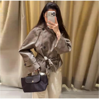 Plaid Cropped Trench Coat Lapel Collar Double Breasted Belted Waist Long Sleeve Women All-match Coats 2026 Autumn Commute Outfit