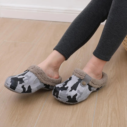 Shevalues Fuzzy Men Clogs Slippers Winter Fur Men Slippers Waterproof Garden Shoes Men Warm House Shoes Anti-slip Fur Slippers
