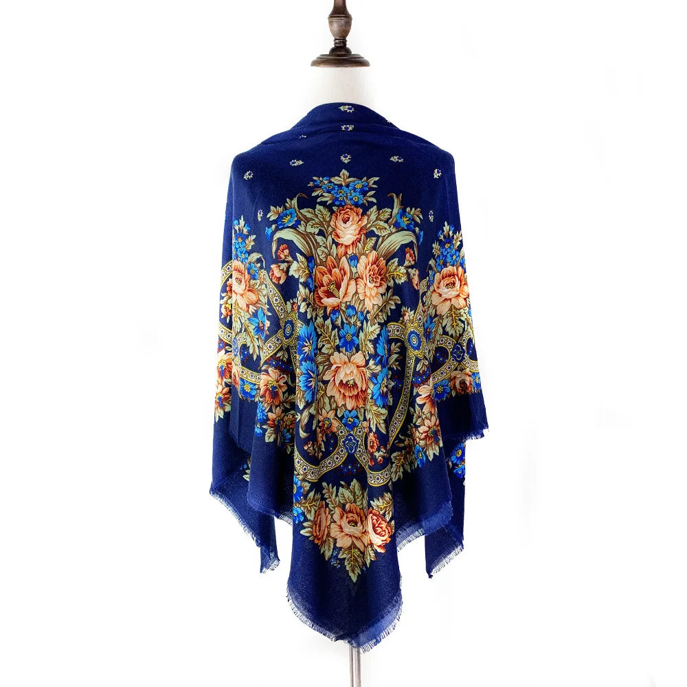 130×130cm Women's Shawl Scarves Thin Luxury Russian National Square Scarf Floral Print Breathable Ethnic Shawl Bandana Summer
