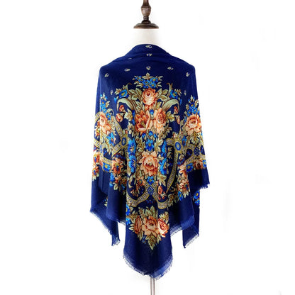 130×130cm Women's Shawl Scarves Thin Luxury Russian National Square Scarf Floral Print Breathable Ethnic Shawl Bandana Summer