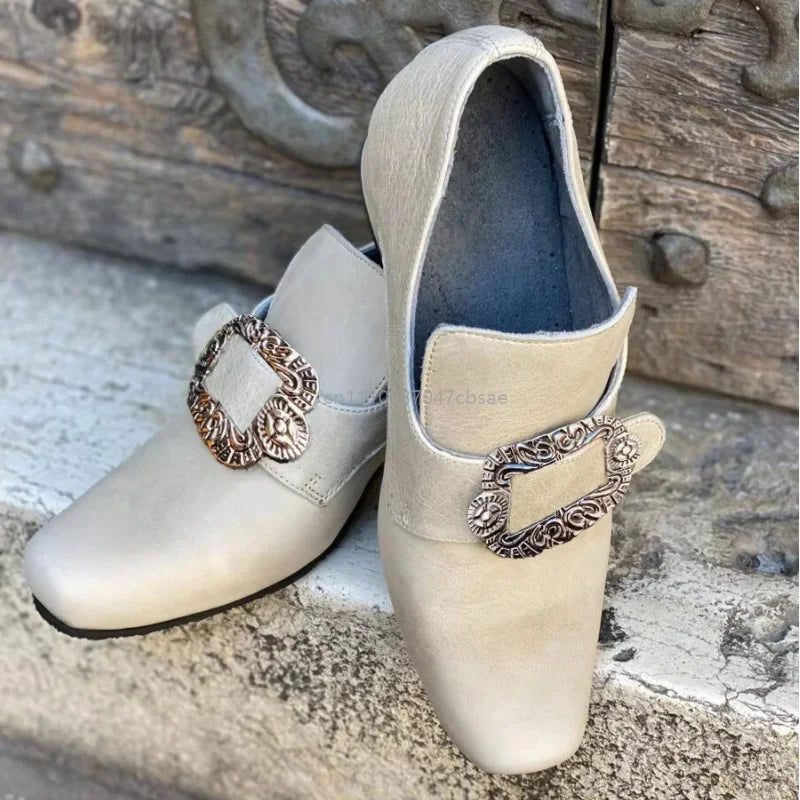 Vintage Medieval Renaissance Frock Shoes Unisex Block Heels With Buckle Boot Halloween Cosplay Costume Party Historical Footwear