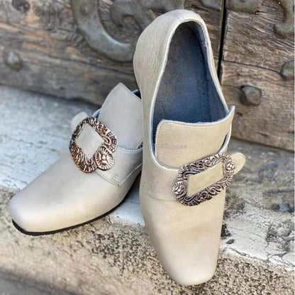 Vintage Medieval Renaissance Frock Shoes Unisex Block Heels With Buckle Boot Halloween Cosplay Costume Party Historical Footwear