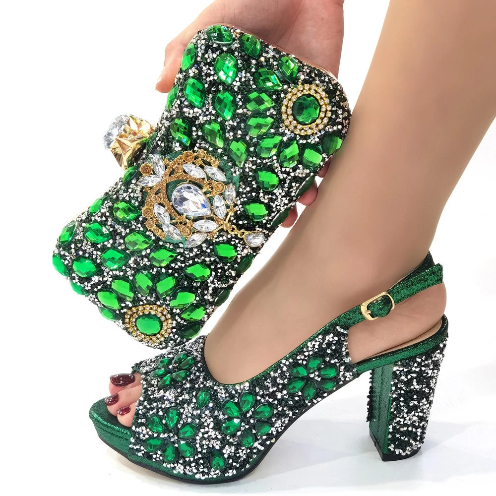 Summer Italian Latest Design Ladies Luxury Rhinestone High Heel Shoes and Bag Set To Go To Wedding Christmas Party Wear