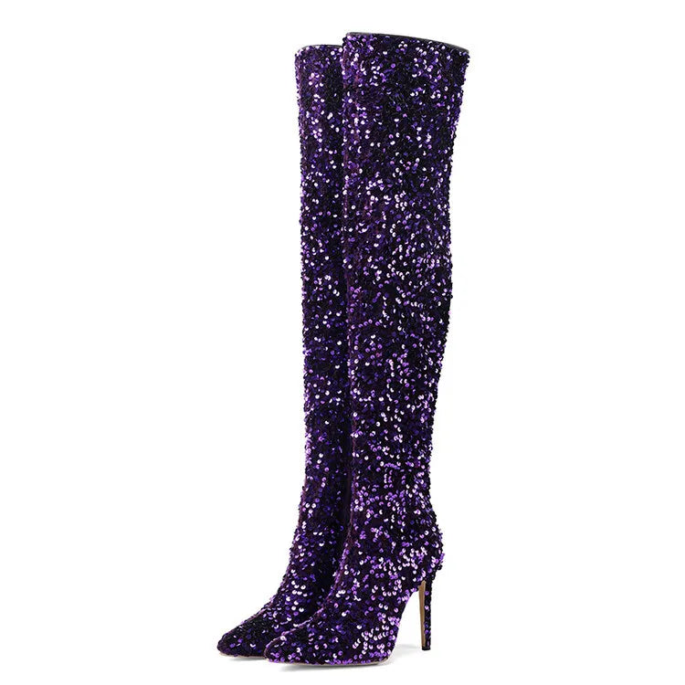 Over-the-Knee Boots for Women Pink Sequins Point Toe Boots Thin High-heeled Purple Thigh Long Boots Sexy Zip Heels Stiletto Shoe