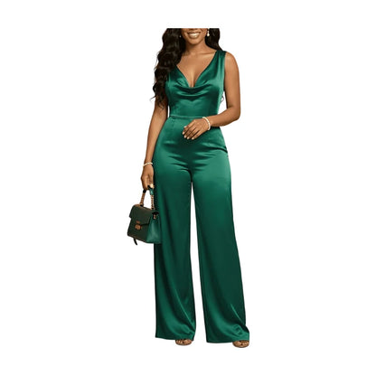 Women Sleeveless V Neck Cowl Wide Leg Jumpsuit For Formal Dinner Wedding Guest And Evening Party Occasion