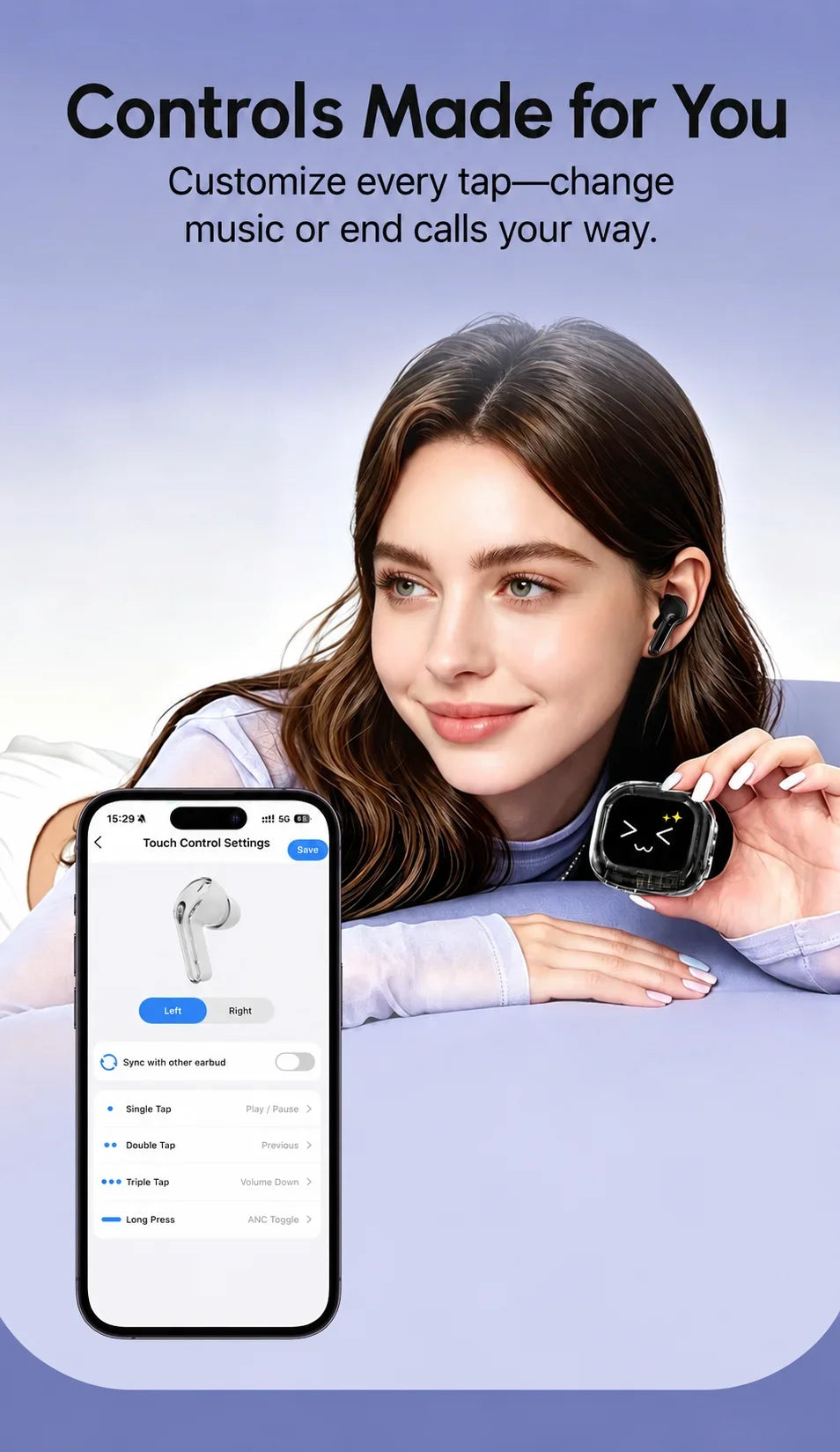 Wireless Bluetooth Headphones In Ear Buds Sports Stereo Earphones for Business,with Smart Touch Screen HiFi TWS Headset