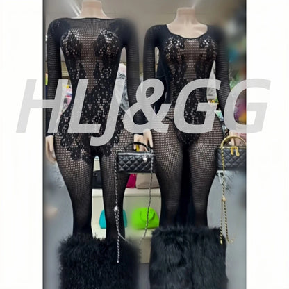 HLJ&GG Black Sexy High Quality Stretchy Knit See Though Bodycon One Piece Jumpsuits Women Long Sleeve Slim Playsuits Streetwear
